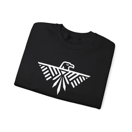 Thunderbird and eagle tribal graphic printed on a unisex pullover sweatshirt.
