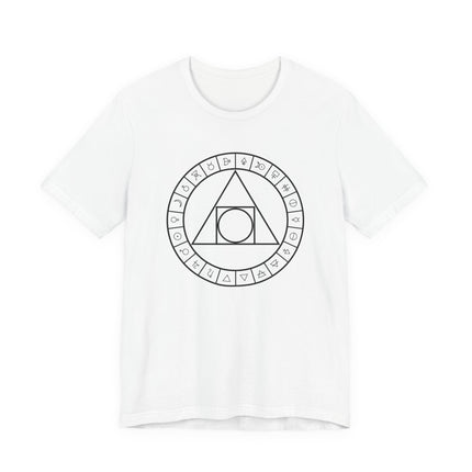 Alchemy symbols t-shirt design with sacred geometry and zodiac signs.