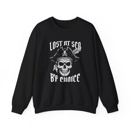 Pirate skull nautical sweatshirt featuring "Lost At Sea By Choice" graphic pullover design.