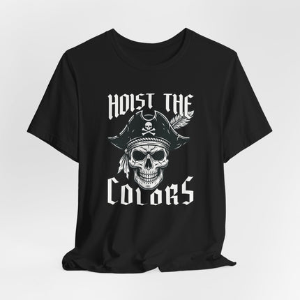 Nautical pirate skull graphic tee featuring "Hoist The Colors" text.