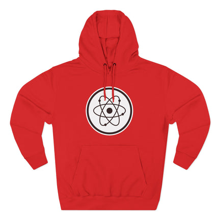 Red hoodie with a white atomic symbol graphic, perfect for science and physics fans.