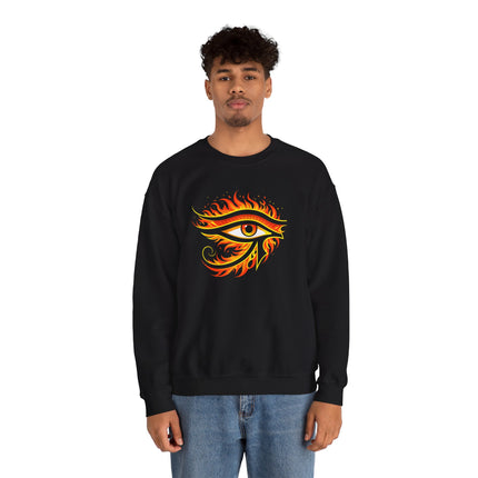 Ancient Egyptian Eye of Ra graphic on a black streetwear sweatshirt.