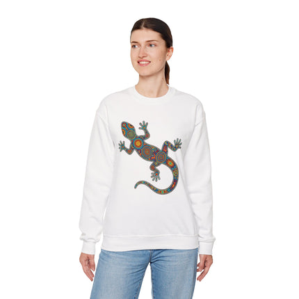 Huichol tribal art lizard graphic on a white unisex sweatshirt.