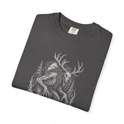 Wendigo T-Shirt | Antlered Forest Creature in Monochrome Horror Art