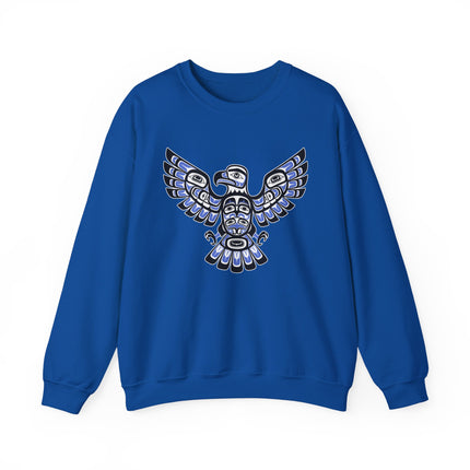 Pacific Northwest tribal eagle art graphic on a blue pullover sweatshirt.