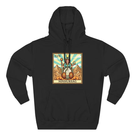 Sumerian Goddess Ninhursag art on a black hoodie, depicting Mesopotamian mythology and ancient history.