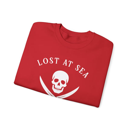 Lost At Sea pirate skull graphic on a red nautical sweatshirt.