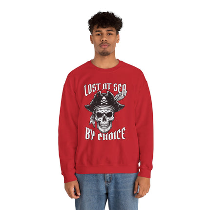 Red "Lost At Sea By Choice" pirate skull graphic sweatshirt. Nautical pullover apparel.