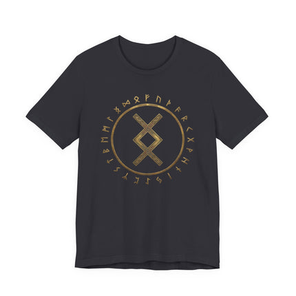 Dark t-shirt featuring golden Norse Futhark rune circle and central Viking symbol design.