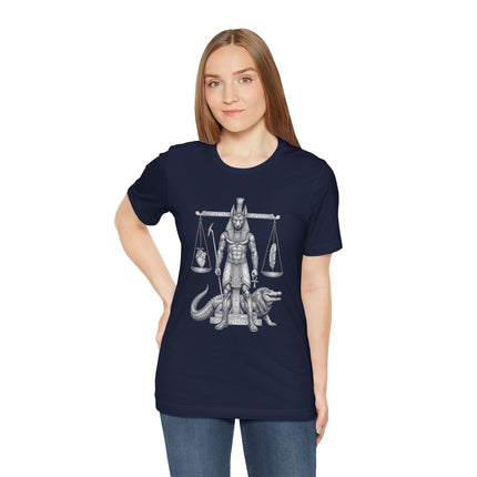 Anubis weighing the heart scales of justice Egyptian mythology t-shirt design.
