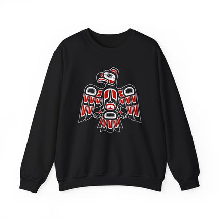 Formline art raven graphic on black sweatshirt, featuring Pacific Northwest indigenous style.