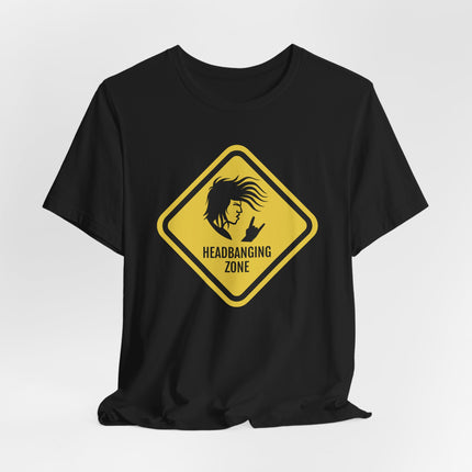 Black graphic tee featuring a "Headbanging Zone" warning sign and rock music silhouette design.