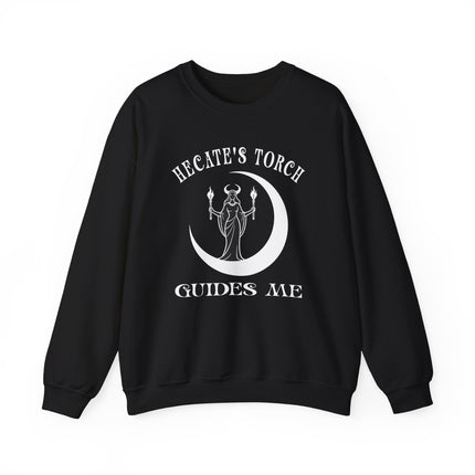 Hecate goddess sweatshirt featuring a torch, crescent moon, and "Guides Me" spiritual message.