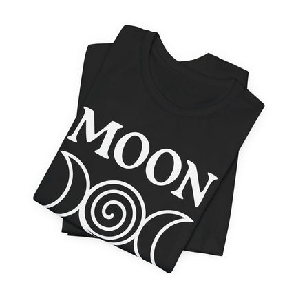 Witchy moon goddess t-shirt featuring lunar cycle symbols and "MOON" text.