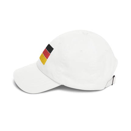 White baseball cap featuring the embroidered German flag (black, red, gold).