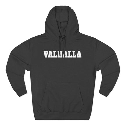 Black valhalla hoodie featuring bold Norse mythology text print.