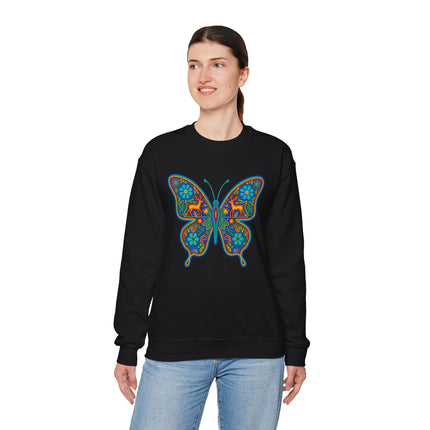 Boho butterfly graphic on black sweatshirt, featuring vibrant Mexican Huichol folk art.