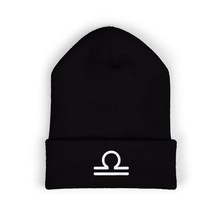 Libra Symbol Embroidered Cuffed Beanie with White Scales Zodiac Glyph