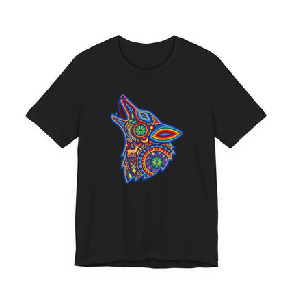 Vibrant Huichol art howling wolf graphic on a black t-shirt. Mexican folk art spirit animal tee.