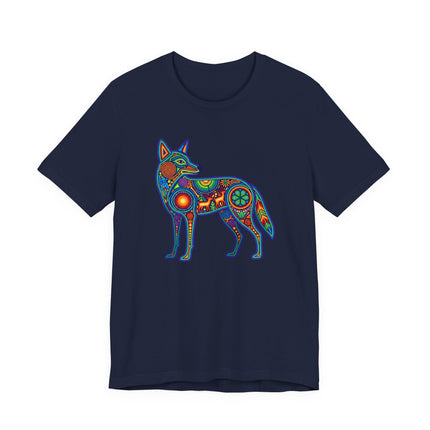Vibrant geometric coyote graphic inspired by Mexican Huichol folk art on a tee.