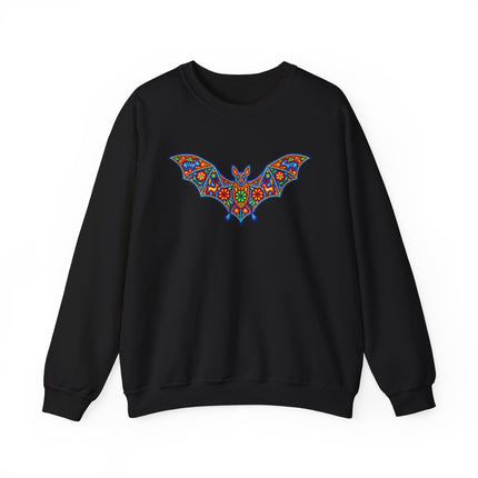 Vibrant Mexican folk art bat graphic on a black sweatshirt. Huichol style mandala design.