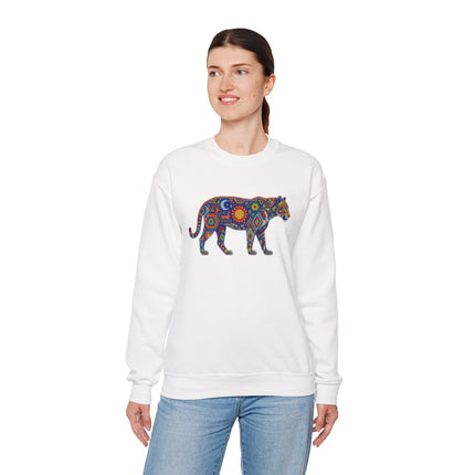 Colorful tribal jaguar graphic on white sweatshirt, featuring geometric indigenous art.