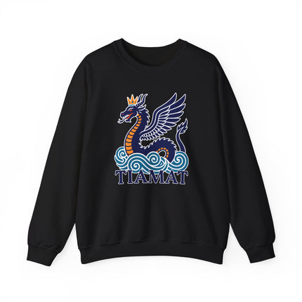 Tiamat winged dragon graphic print pullover sweatshirt featuring mythological sea creature design.