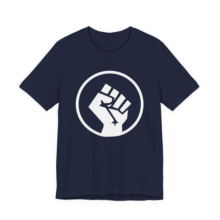 Raised fist symbol on a navy t-shirt, representing solidarity, power, and resistance.