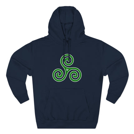 Celtic Triskelion symbol hoodie featuring a triple spiral design.