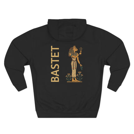 Bastet Egyptian goddess graphic and name on a black pullover hoodie. Ancient mythology apparel.