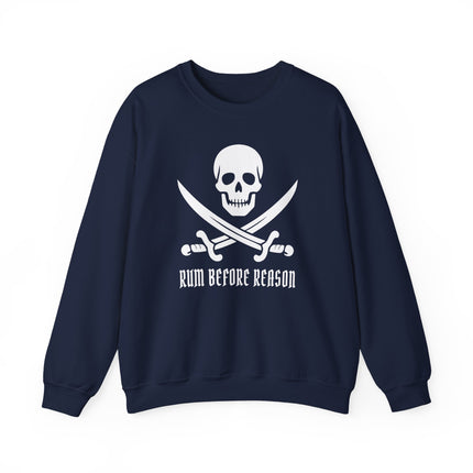 Pirate skull graphic sweatshirt featuring crossed sabers and "Rum Before Reason" text.