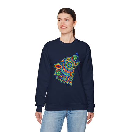 Rainbow tribal wolf graphic in Huichol style on a navy sweatshirt.