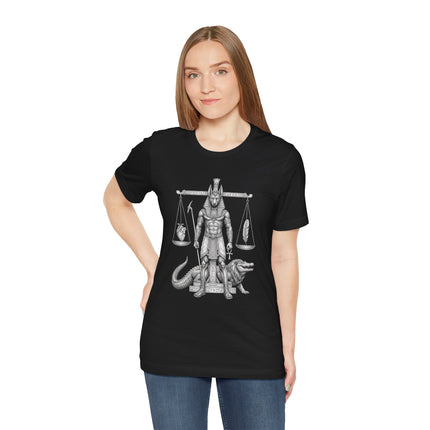 Anubis and the scales of justice graphic tee, ancient Egyptian mythology art.