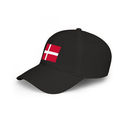 Black baseball cap with the Danish flag. Nordic national pride accessory.