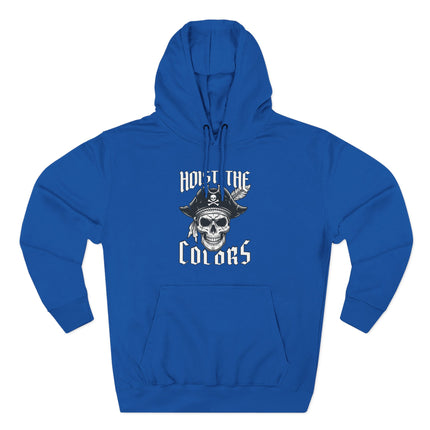 Hoist the Colors" pirate skull graphic hoodie featuring a tricorn hat design.