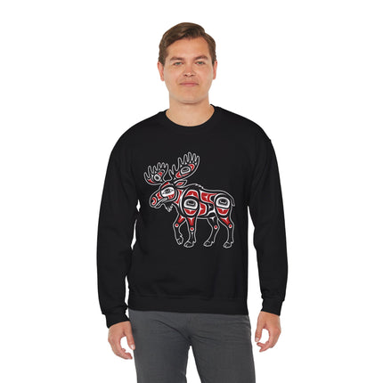 Indigenous moose graphic in Northwest Coast Formline Art style on a black sweatshirt.