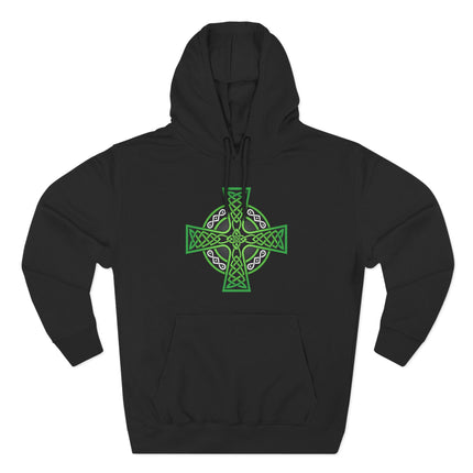 Green Celtic Cross knotwork design on a black unisex hoodie.