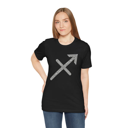 Sagittarius zodiac arrow knotwork design on a black astrology t-shirt.