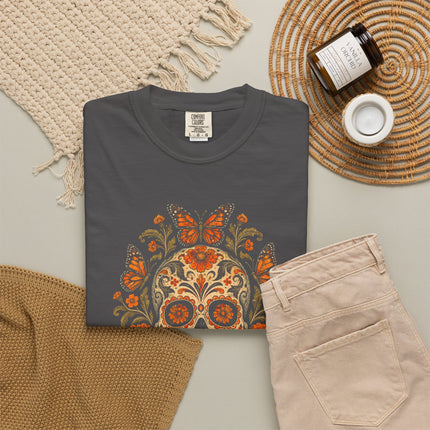 Skull with Butterflies T-Shirt | Orange Flowers and Calavera Art