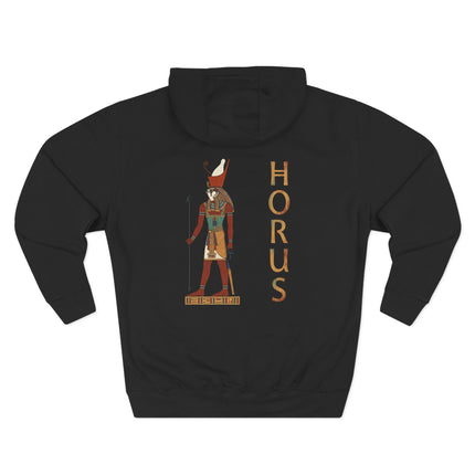 Black hoodie featuring Horus, the Egyptian falcon god, and ancient Egyptian mythology graphic art.