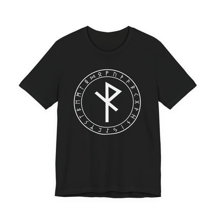 Algiz rune and Elder Futhark runes graphic tee on black shirt. Norse protection symbol.