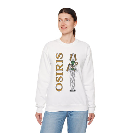 Osiris Egyptian god mummy graphic on a white pullover sweatshirt.