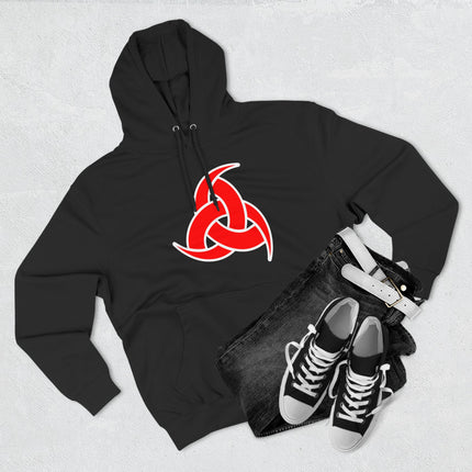 Black hoodie featuring the red Odin's Horns knot symbol. Norse Viking mythology graphic.