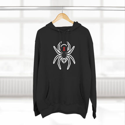 Black hoodie featuring a white graphic of a stylized spider silhouette, perfect for gothic or alternative style.