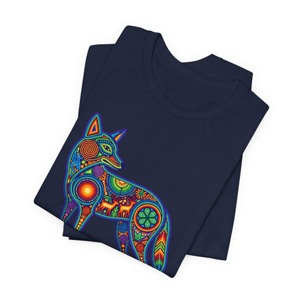Vibrant Huichol coyote graphic tee with Mexican folk art and geometric tribal patterns.