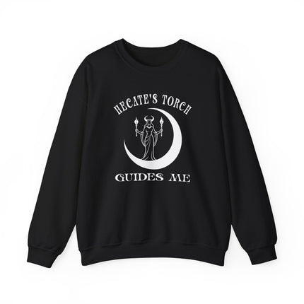 Goddess Hecate torch guide design sweatshirt featuring moon and witch pagan symbols.