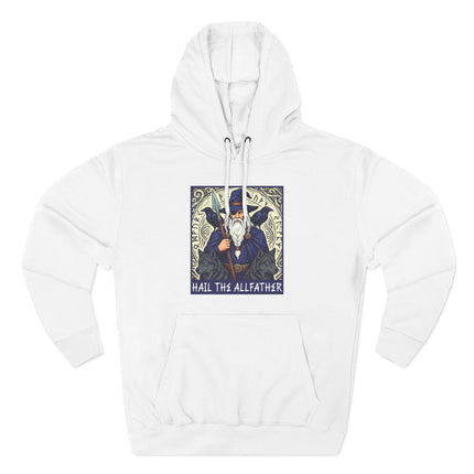 Allfather Odin Norse mythology graphic on a white hoodie featuring Viking runes.