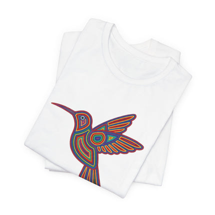 Vibrant Huichol hummingbird graphic tee featuring Mexican folk art style.