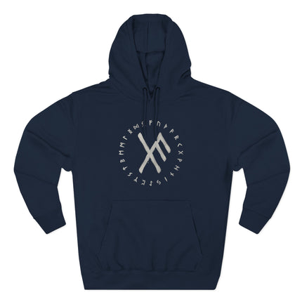 Norse rune hoodie featuring the Elder Futhark alphabet and a mystical binding symbol.