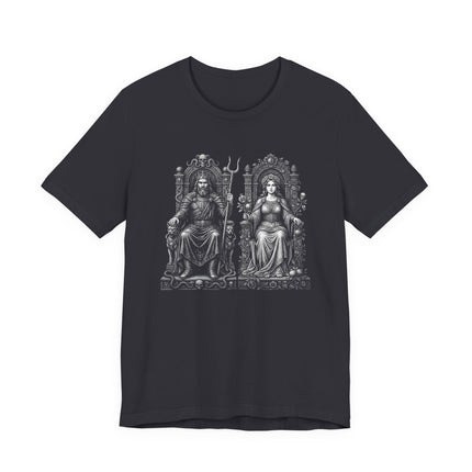 Hades and Persephone gothic Greek mythology illustration on a black t-shirt.